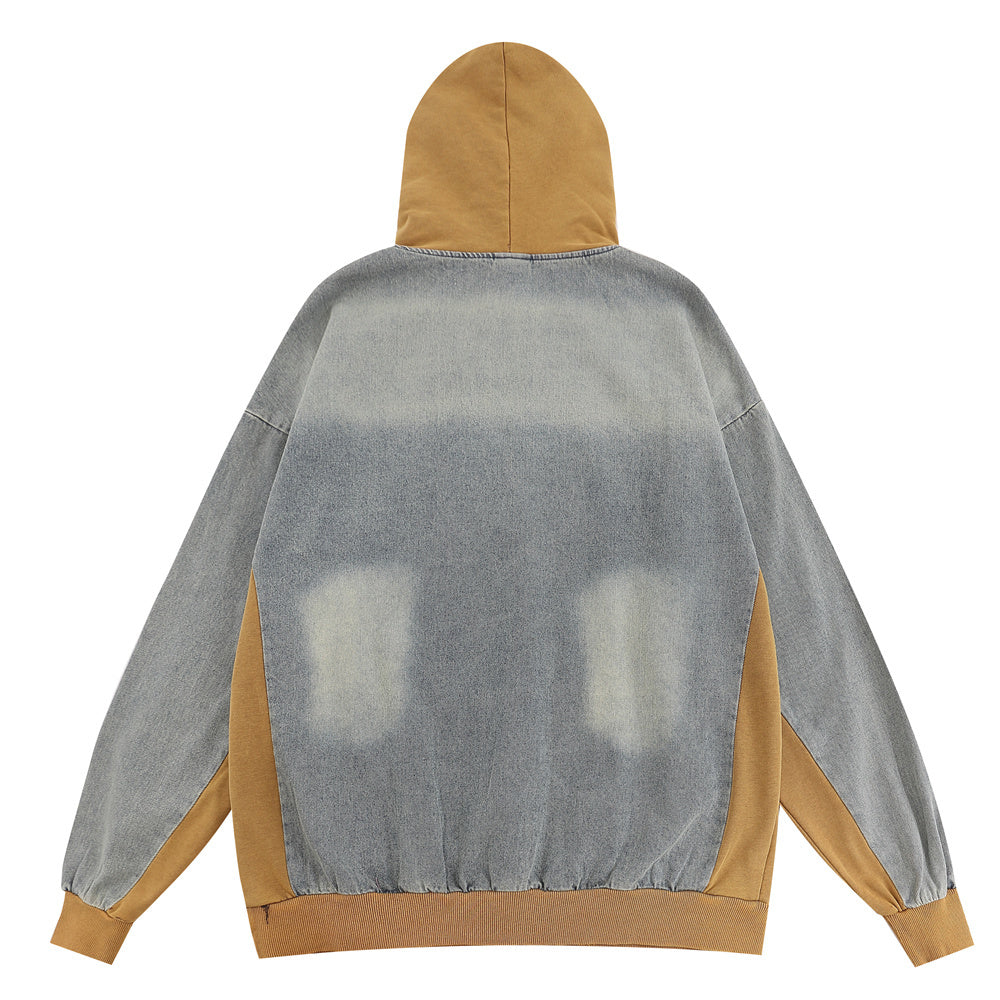 American Retro Colorblock Hood Pullover Denim