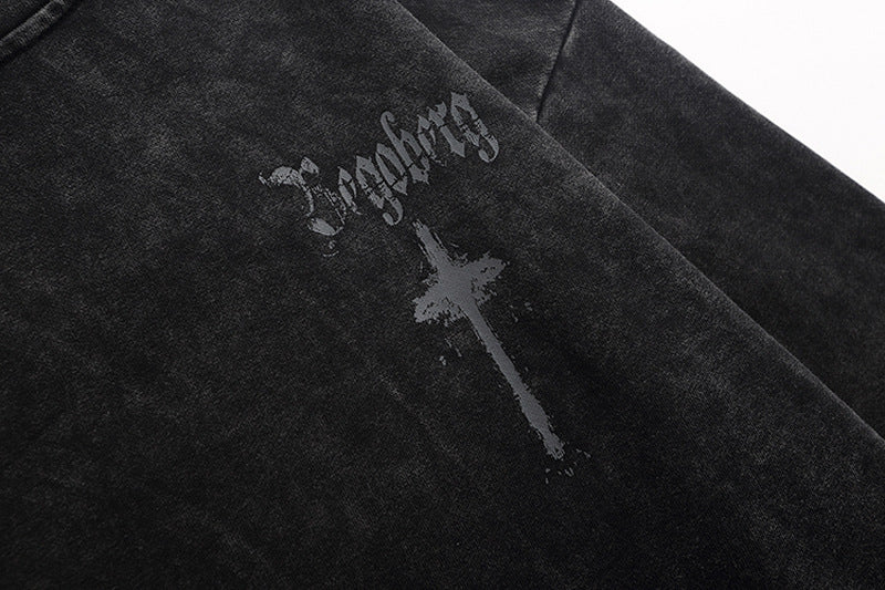 Washed-out Graffiti Cross Printed Hoodie