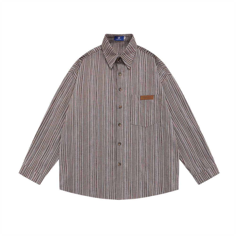 Retro Fine Plaid Striped Long Sleeve Shirt Loose Casual Japanese Workwear Tops