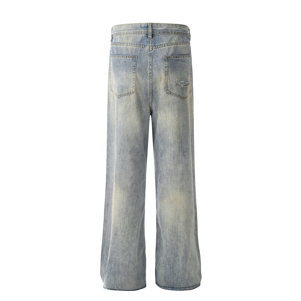 Waste Soil Raw Edge Denim Trousers For Men