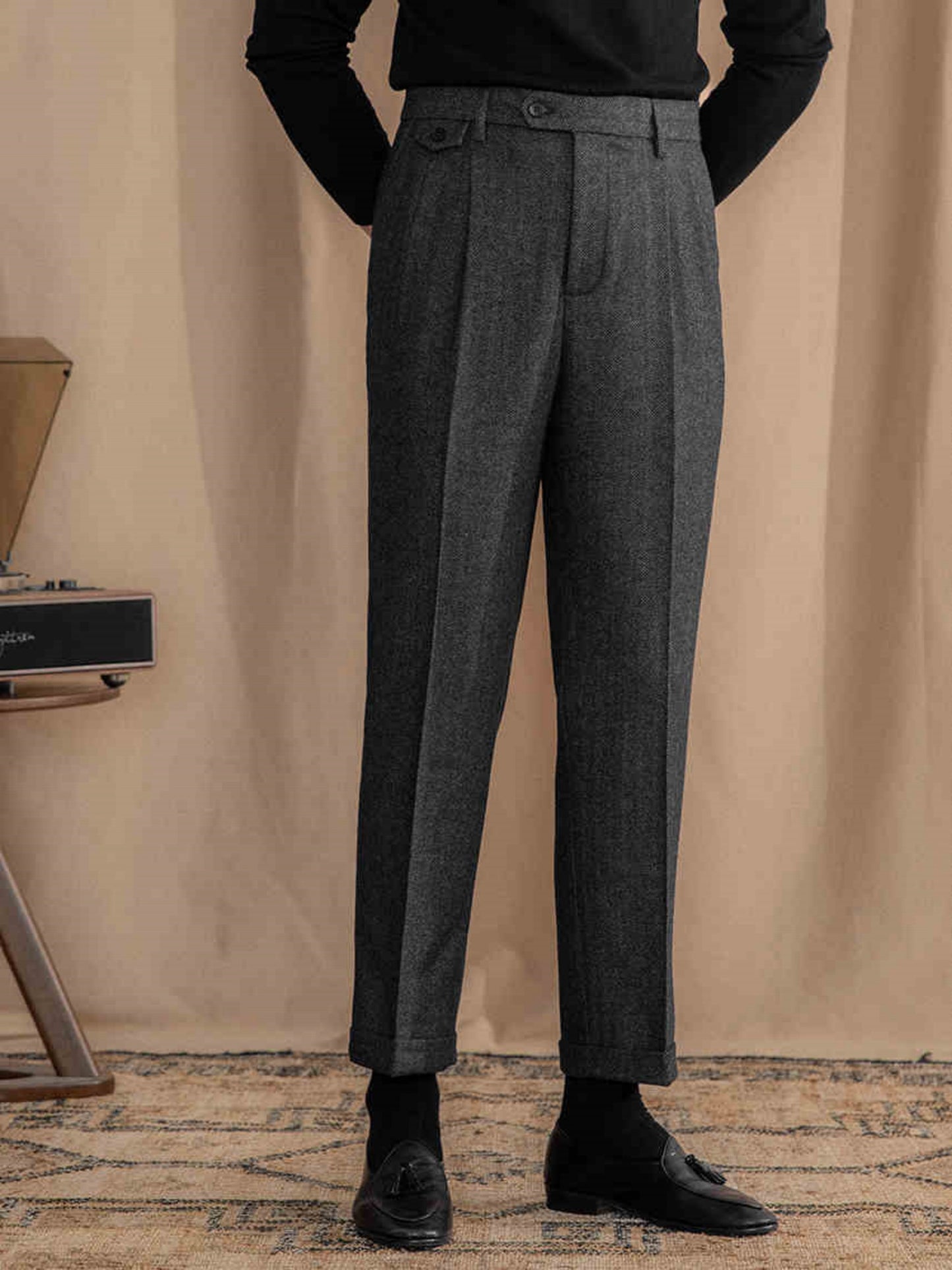 Retro British Wool Herringbone Trousers