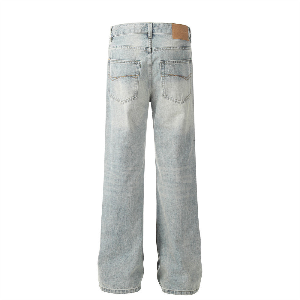 Pure Color Washed Distressed Straight Jeans