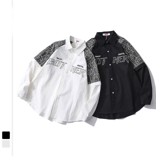 Fake Two Long-Sleeved Men's Shirts Loose Black Shirts