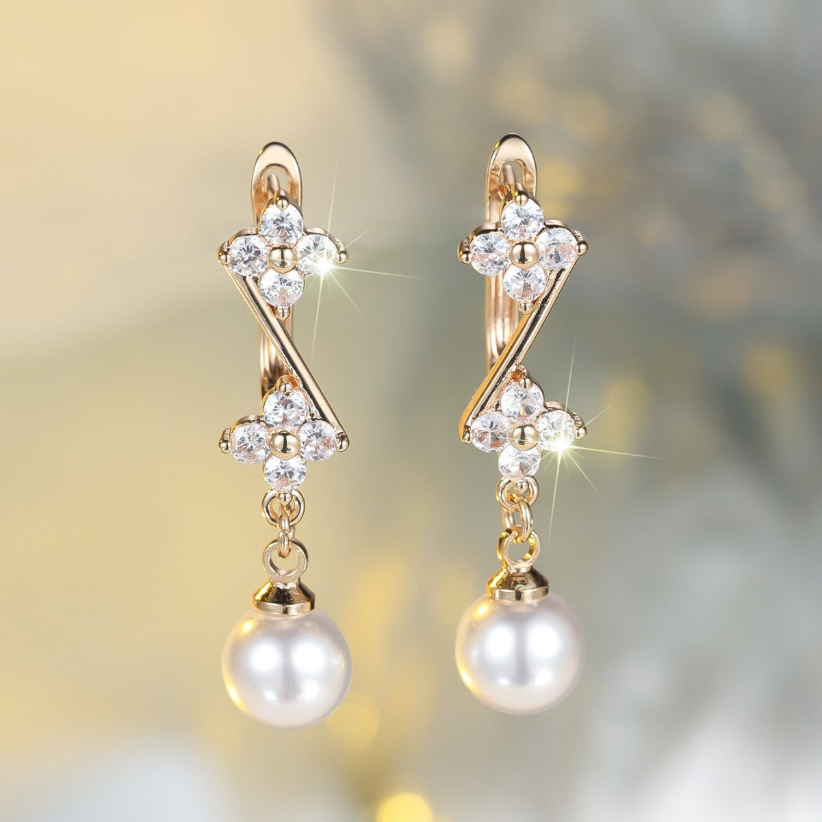 Champagne Gold Round White Diamond Tassel Earrings