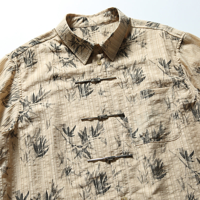 Amoi Chinese Button Knots Bamboo Leaf Short Sleeve Shirt