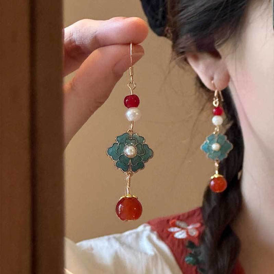 Ancient-style Earrings With Retro Enamel, Classical Chinese Pearls, And Red For The New Year. New Chinese-style Hanfu Earrings For The Spring Festival For Women