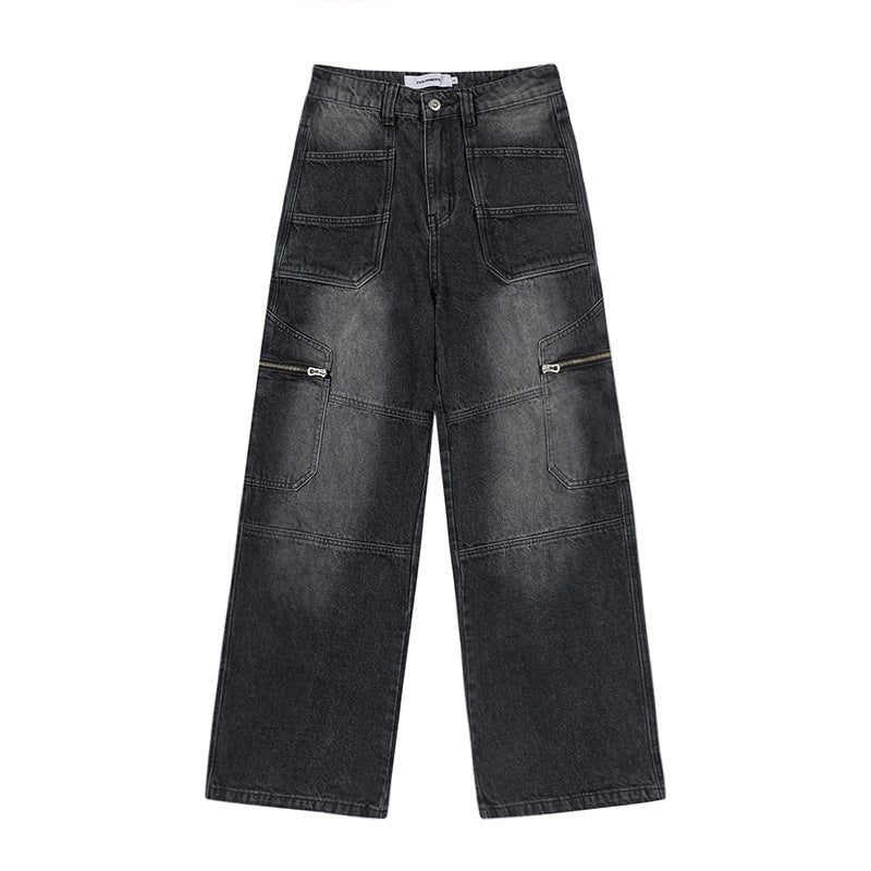 Retro Washed Cargo Jeans Straight-leg Wide-leg Pants