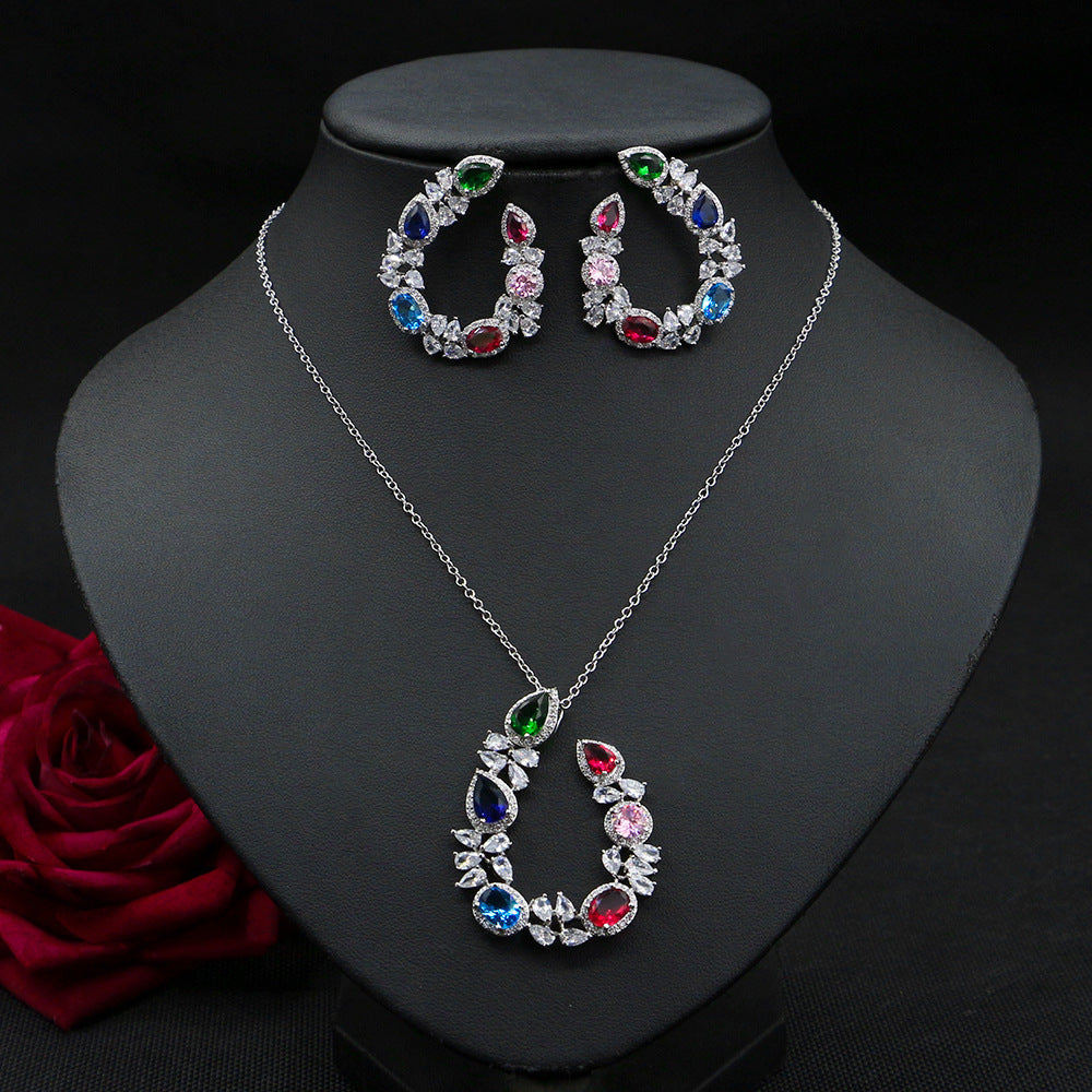 American Jewelry Luxury Necklace Set Diamond Zircon Emerald Earrings