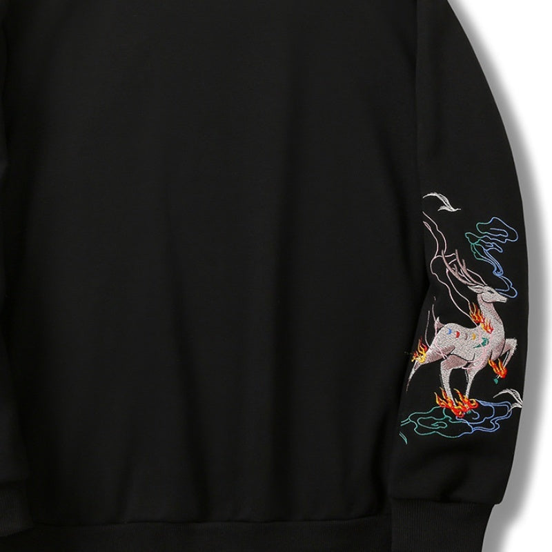 Embroidered Sweater Deer Stitch Round Neck