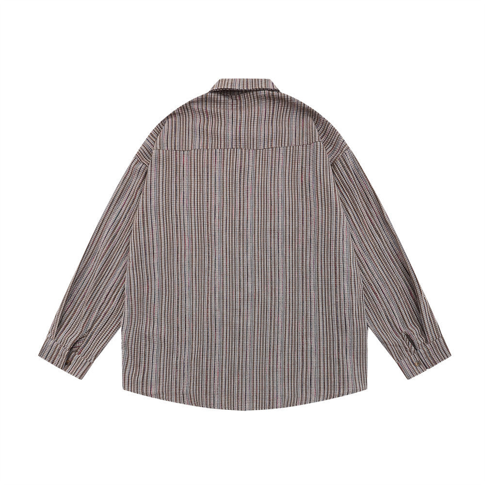 Retro Fine Plaid Striped Long Sleeve Shirt Loose Casual Japanese Workwear Tops