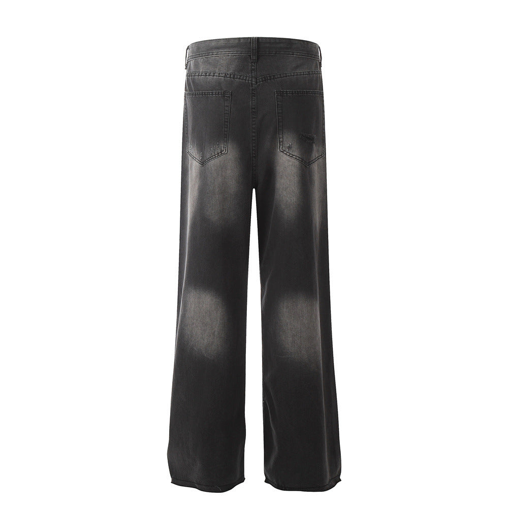 Waste Soil Raw Edge Denim Trousers For Men