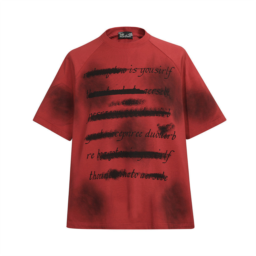 Alphabet Graffiti Print Distressed Short Sleeve Men