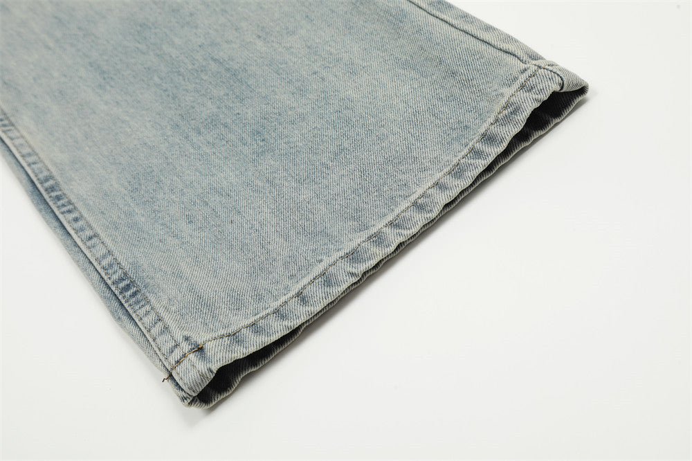 Pure Color Washed Distressed Straight Jeans