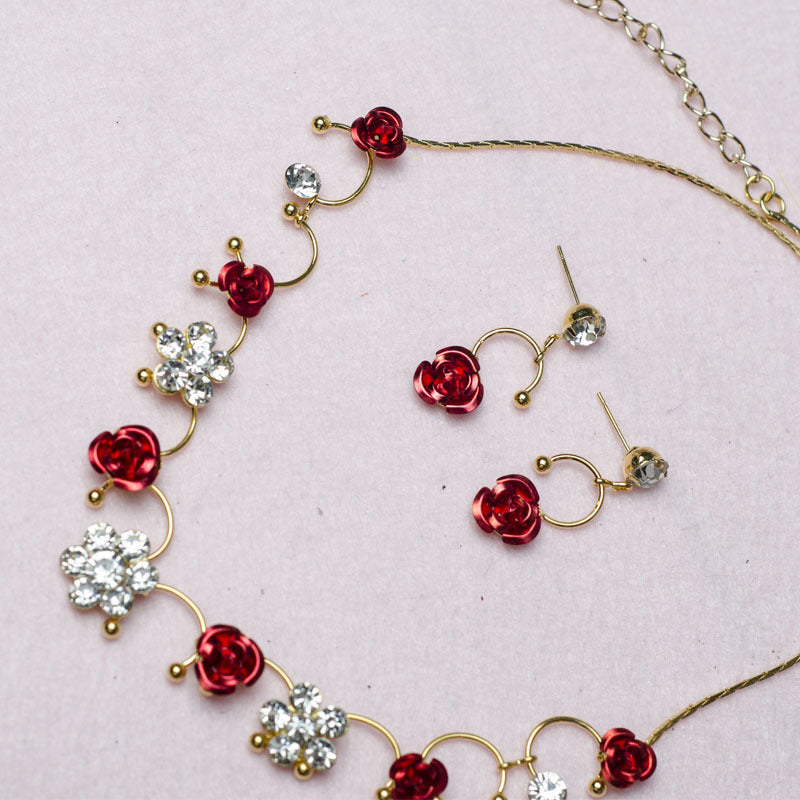 Jewelry necklace, earring, red rose necklace set