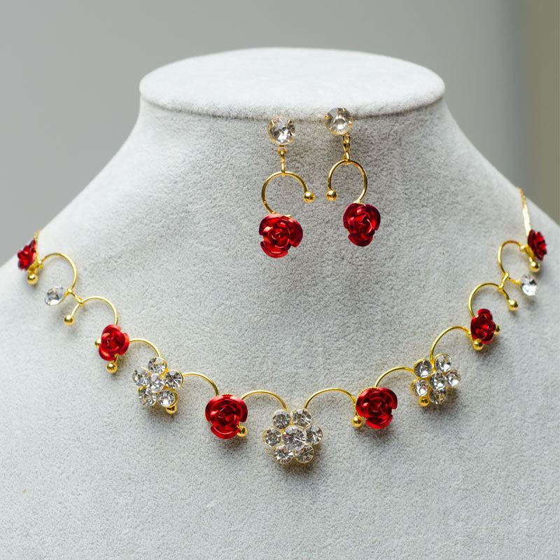 Jewelry necklace, earring, red rose necklace set