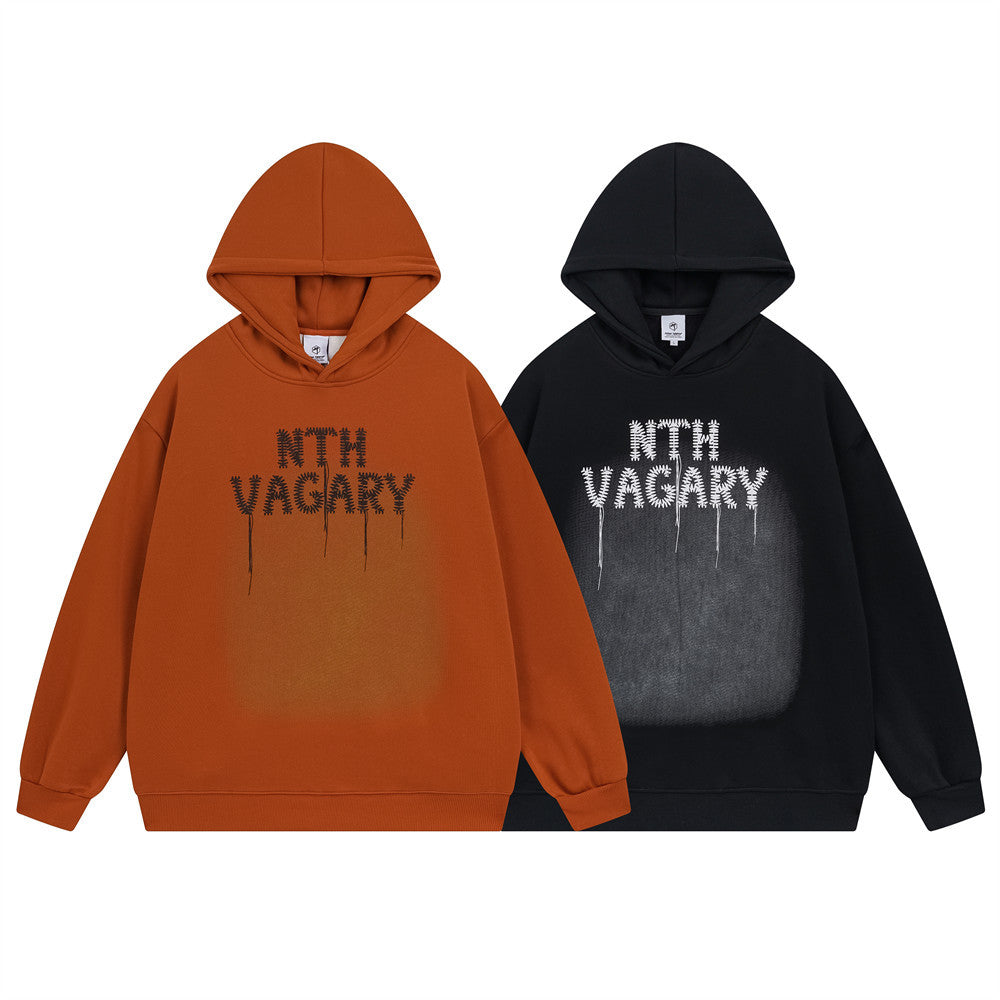 Chain Embroidery Letters Velvet Padded Hooded Sweatshirt