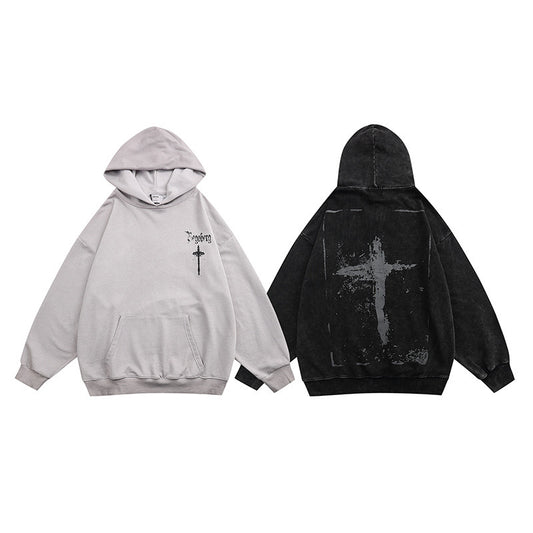 Washed-out Graffiti Cross Printed Hoodie