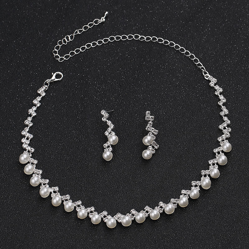 Elegant Lightning Rhinestone Pearl Necklace And Earrings Suite