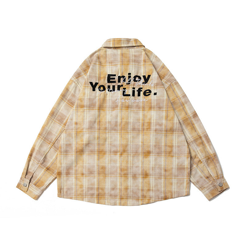 Retro Alphabet Embroidered Plaid Long-sleeved Shirt