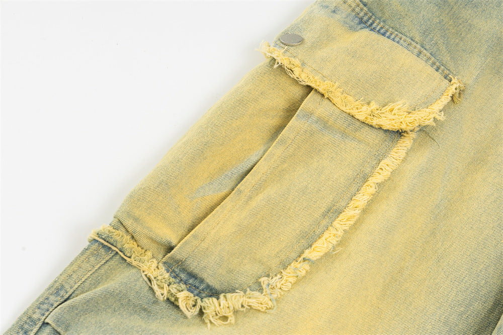 Men's Inkjet Yellow Mud Dyed Overalls Denim Trousers