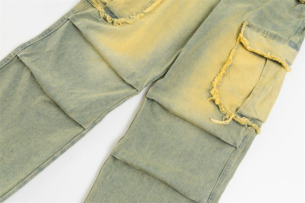 Men's Inkjet Yellow Mud Dyed Overalls Denim Trousers