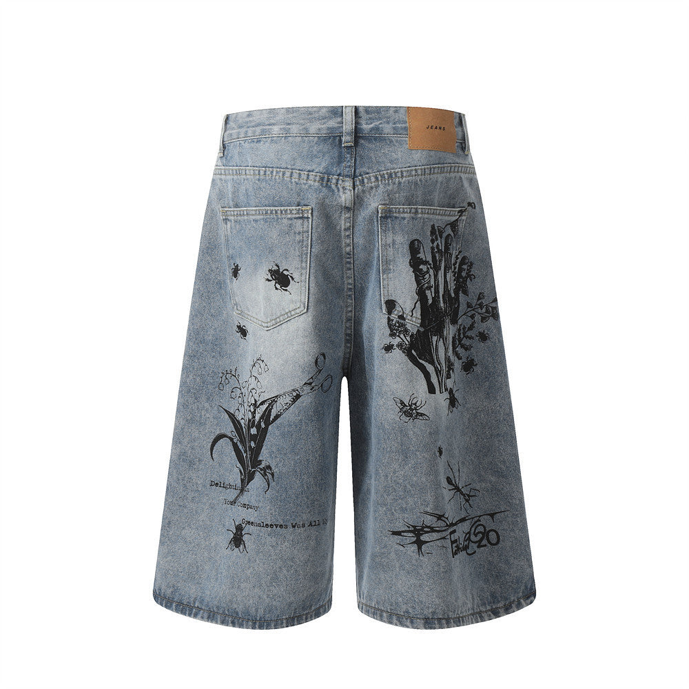 Graffiti Printing Jeans Middle Pants Men