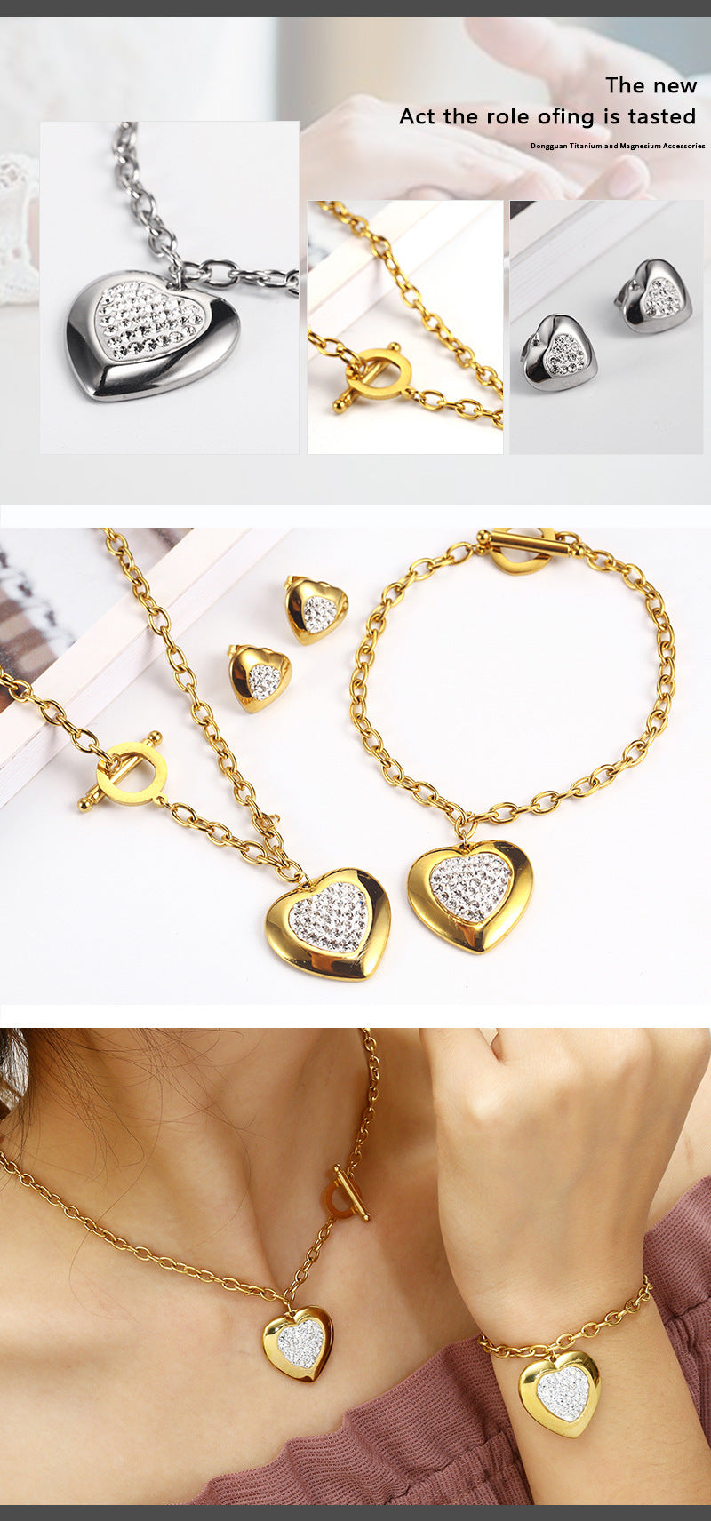 Heart-shaped rhinestone necklace set