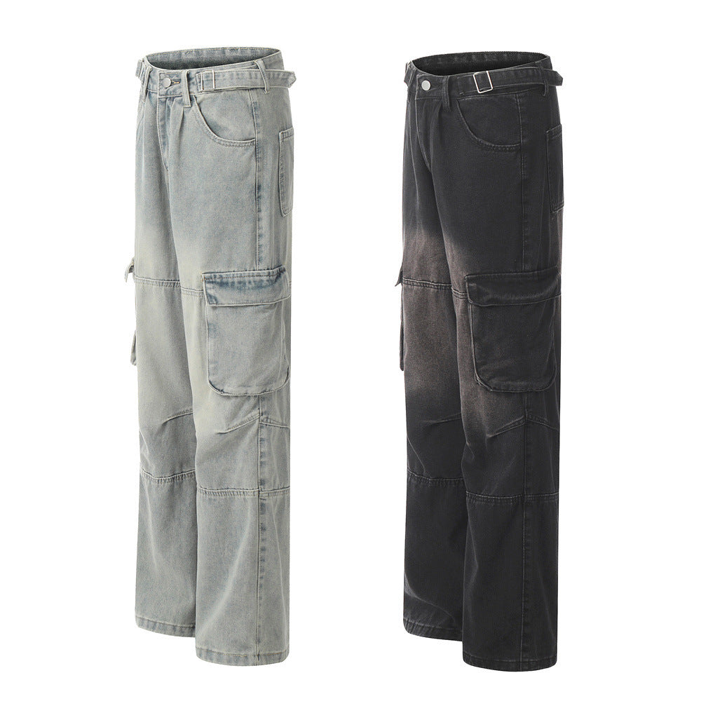 Punk Old Wash Denim Cargo Pants Trousers