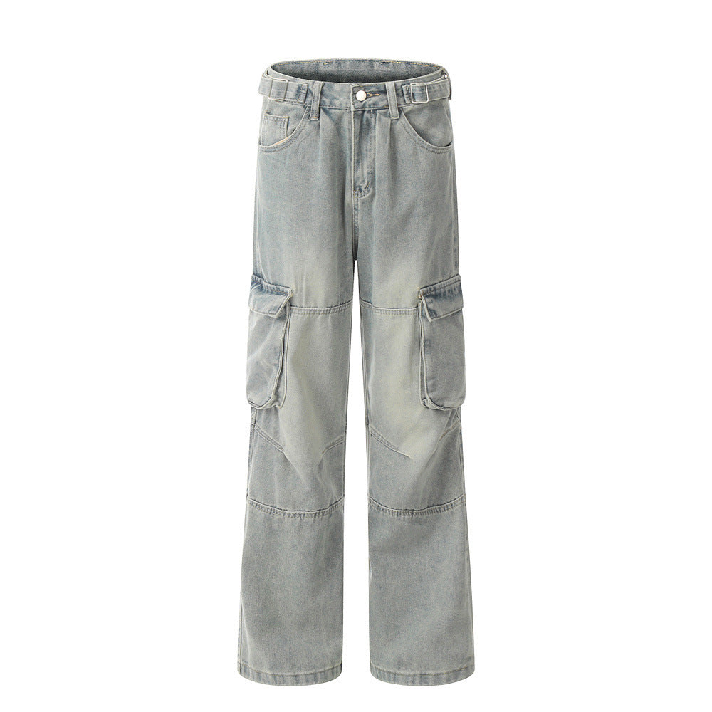 Punk Old Wash Denim Cargo Pants Trousers