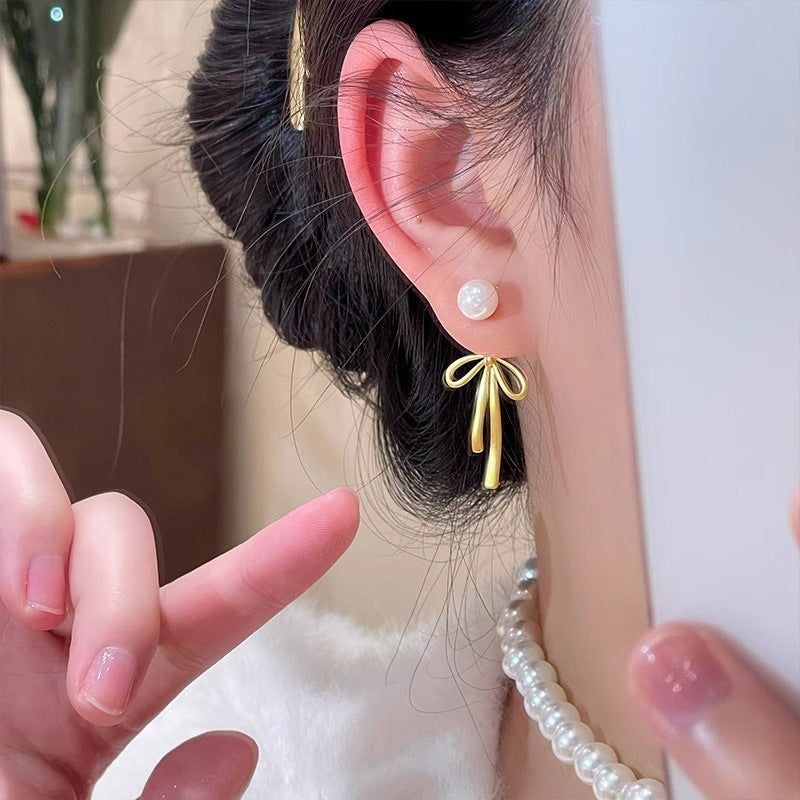 Special-interest Design Golden Bow Tassel Pearl Earrings