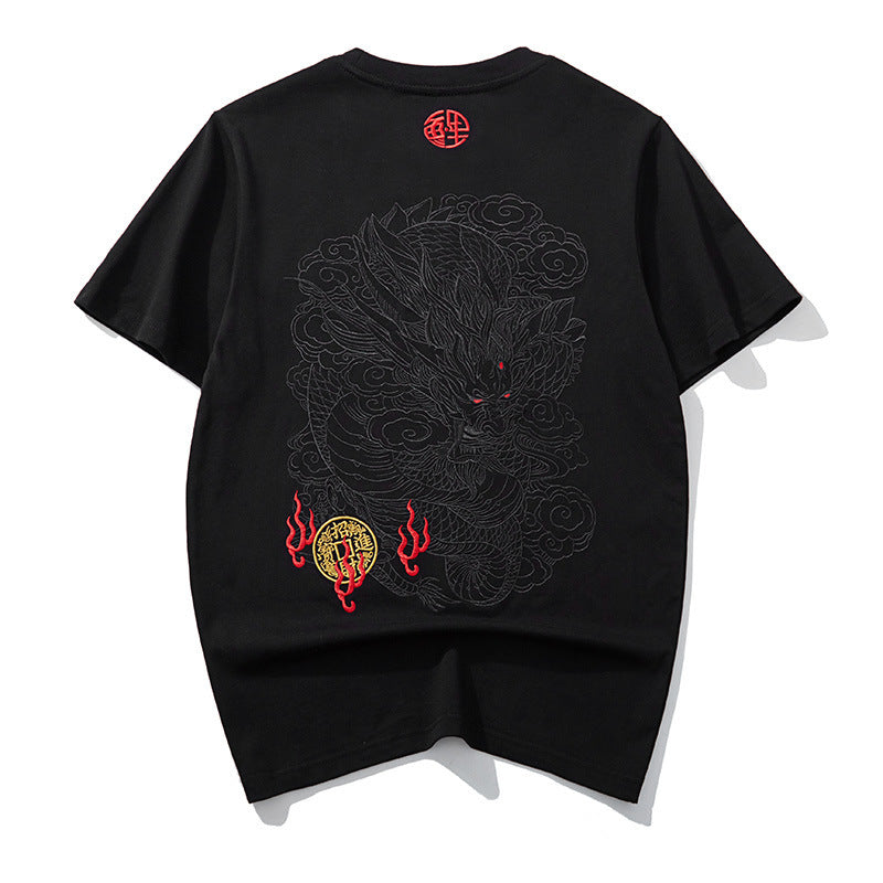 Embroidered Dragon Pattern Round Neck Cotton Top