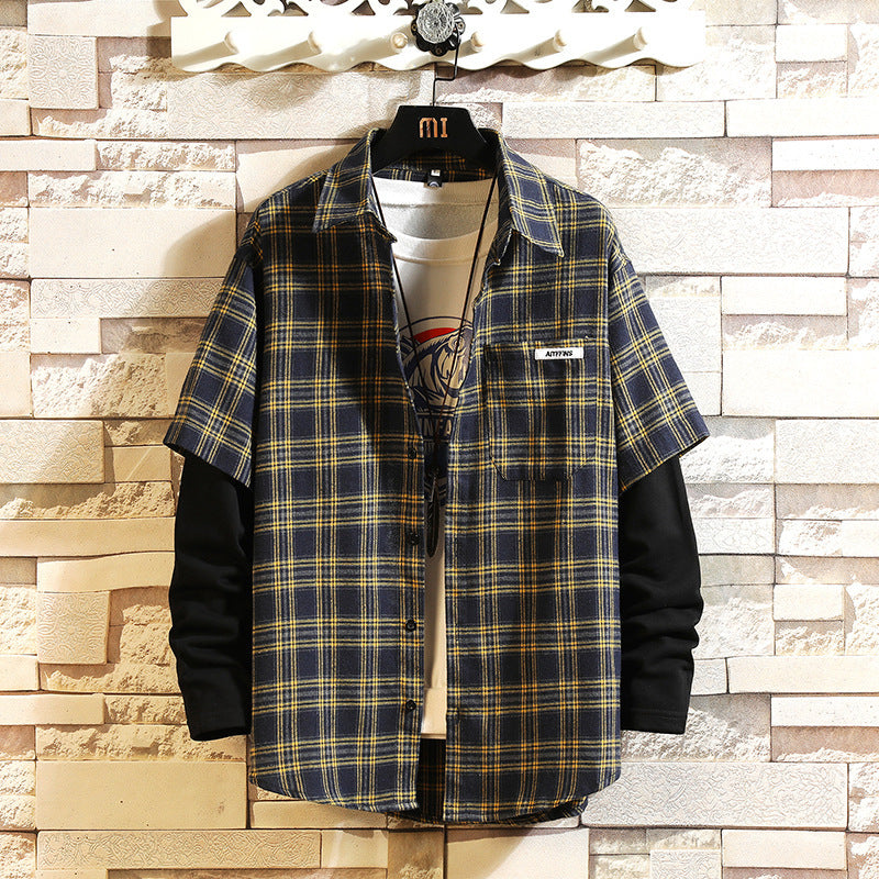 Older Children's Long-sleeved Shirt Boys Junior High School Students Fake Two Plaid Shirts