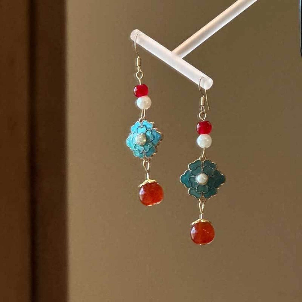 Ancient-style Earrings With Retro Enamel, Classical Chinese Pearls, And Red For The New Year. New Chinese-style Hanfu Earrings For The Spring Festival For Women