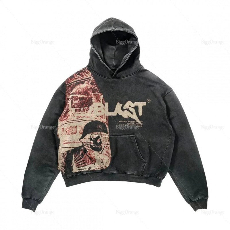 Casual Letter Explosion Print Hoodie Men Harajuku Vintage