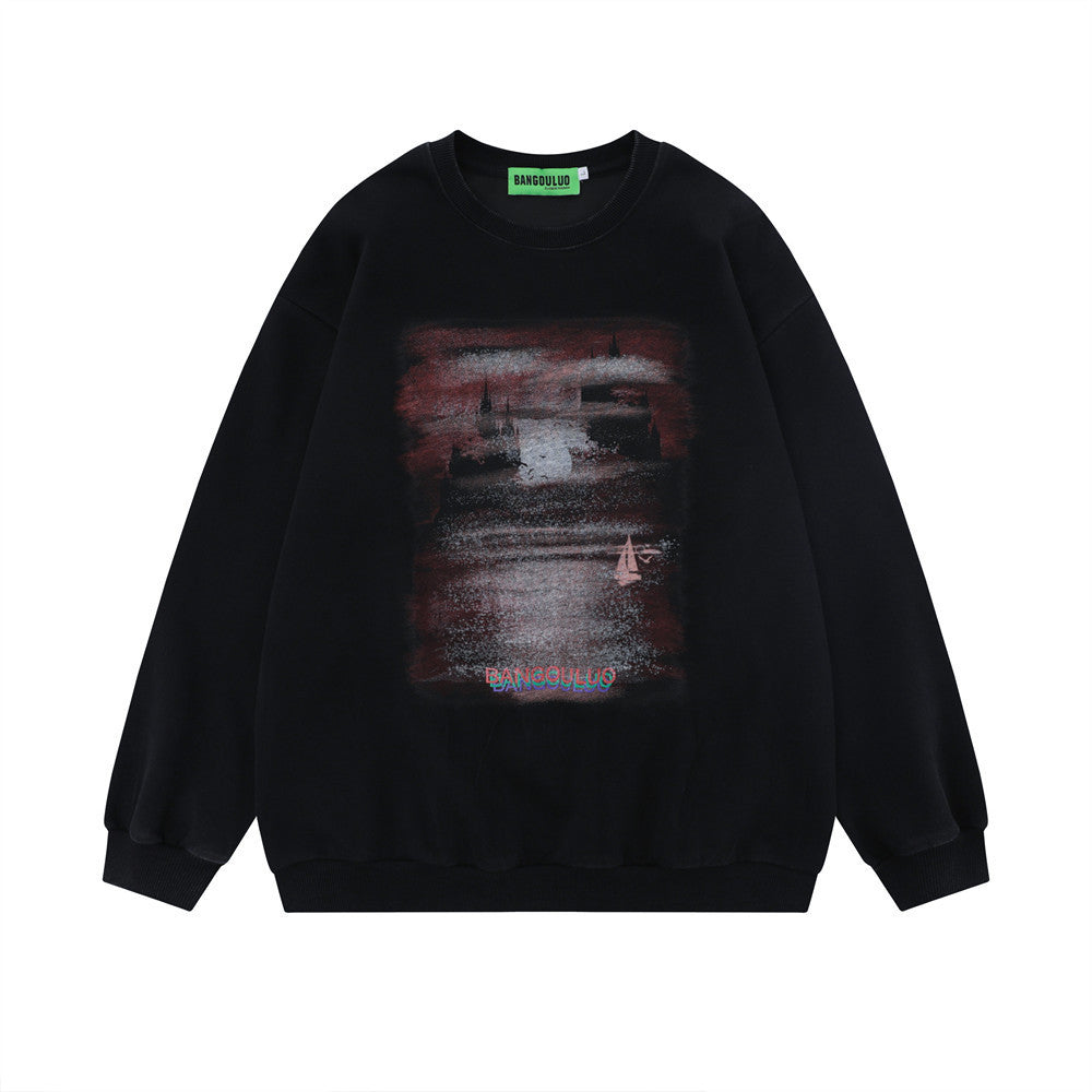 Street Fashion Fuzzy Printed Crew Neck Sweatshirt Long Sleeve