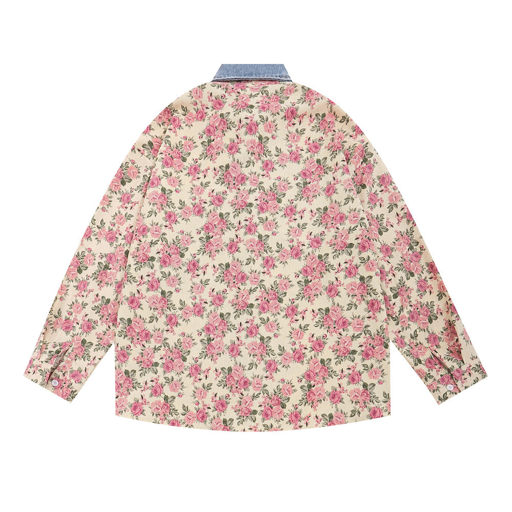 Floral Print Long Sleeve Shirt Cardigan Contrast Color Lapels Baggy Coat