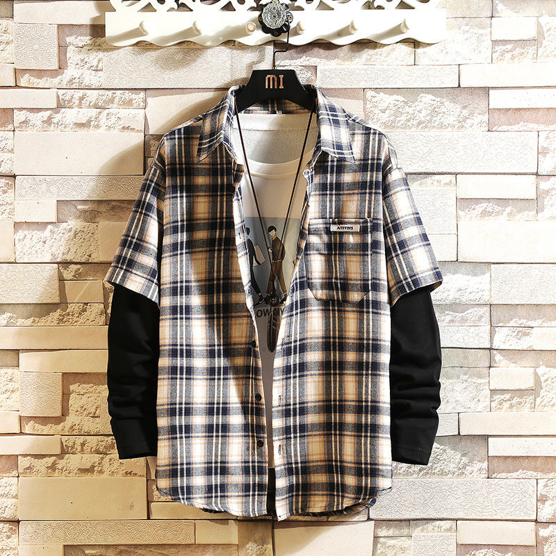 Older Children's Long-sleeved Shirt Boys Junior High School Students Fake Two Plaid Shirts