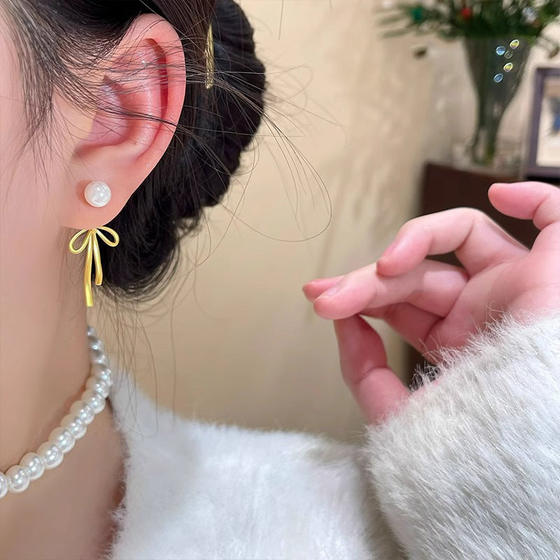 Special-interest Design Golden Bow Tassel Pearl Earrings