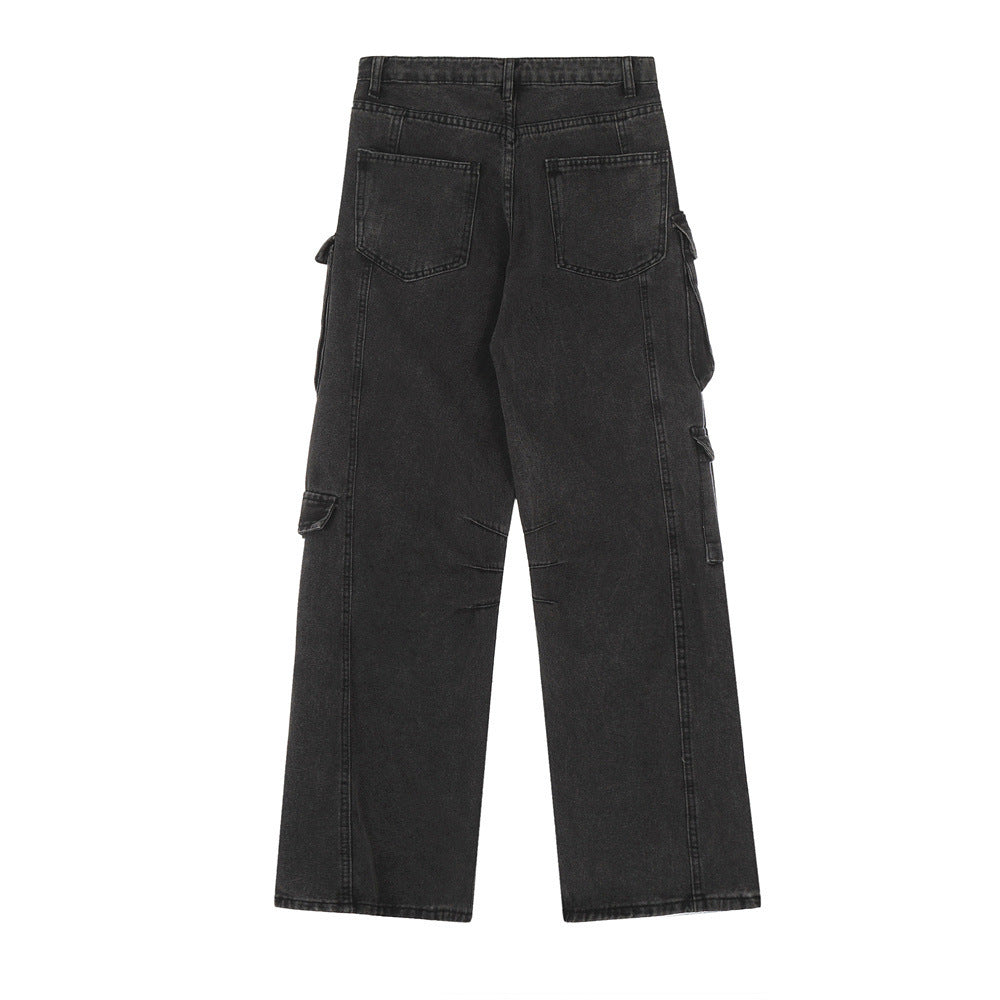 Punk Wash Denim Cargo Pants Trousers Men