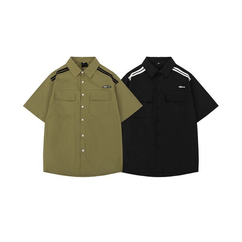 Striped Army Green Short Sleeve Shirt