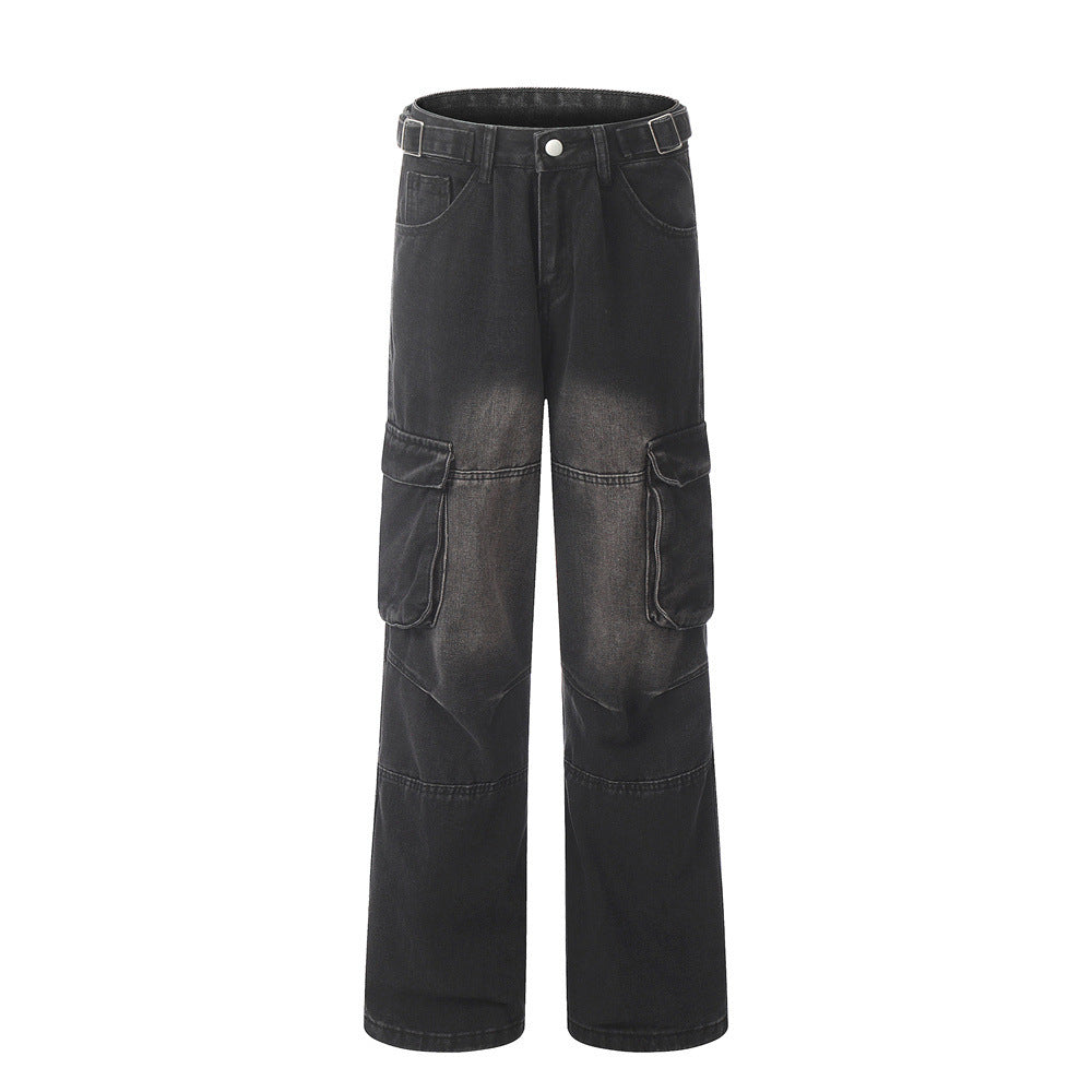 Punk Old Wash Denim Cargo Pants Trousers