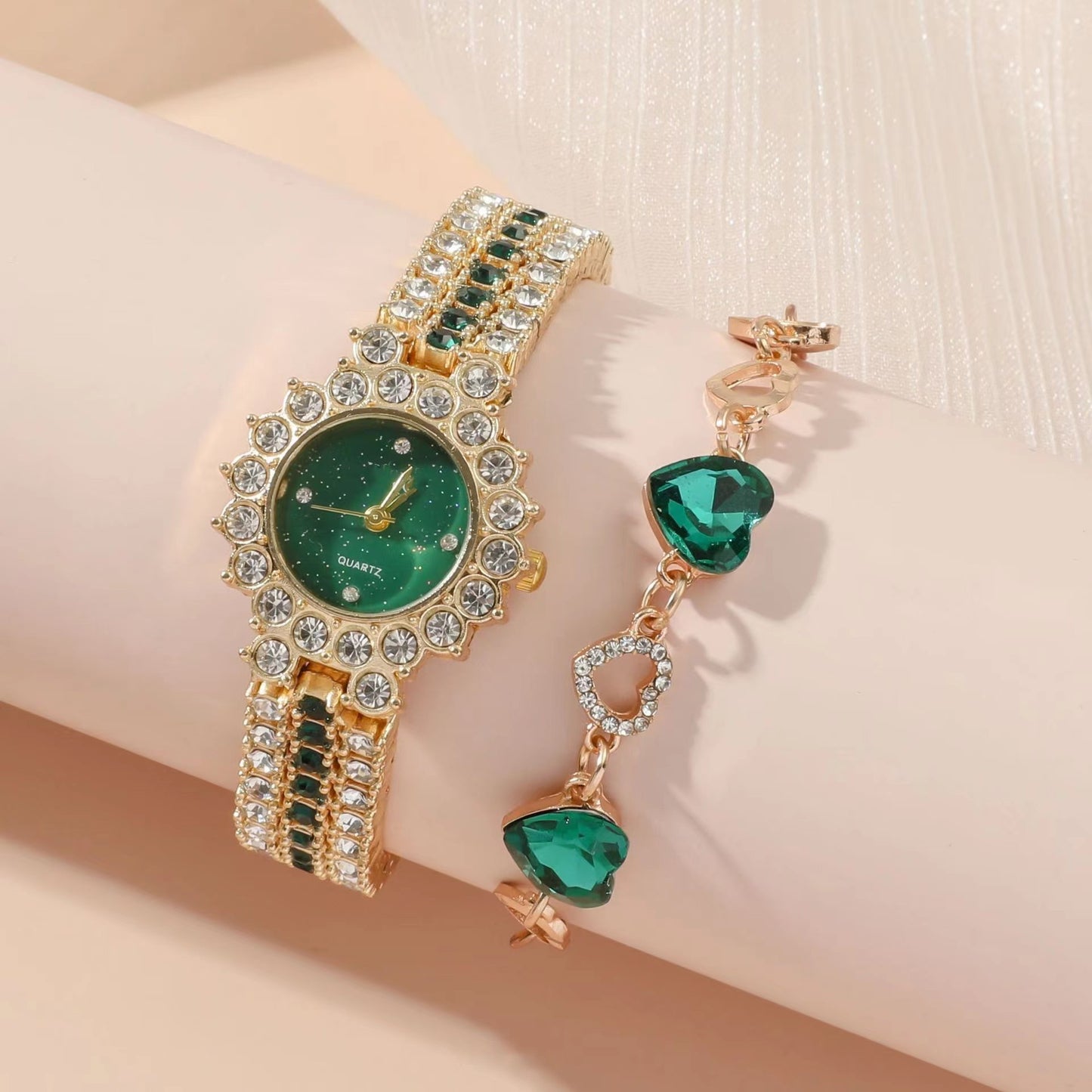 Green Belt Quartz Watch Ring Gift Set Boxed Five-piece Set