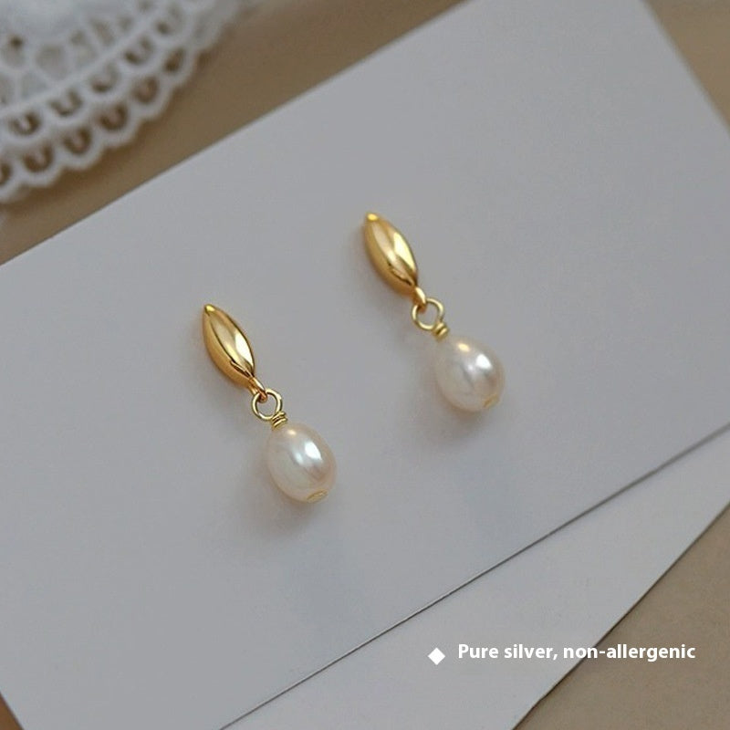 Niche S925 Sterling Silver Natural Pearl Ear Studs Women's French Retro High Sense