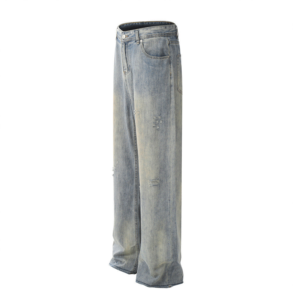 Waste Soil Raw Edge Denim Trousers For Men