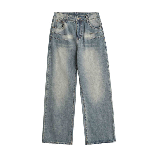 Worn Looking Washed-out Blue Jeans Loose Straight Trousers