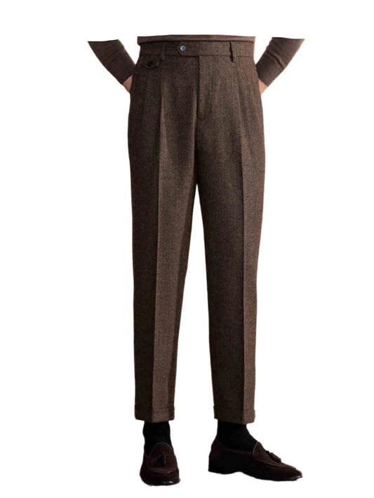 Retro British Wool Herringbone Trousers