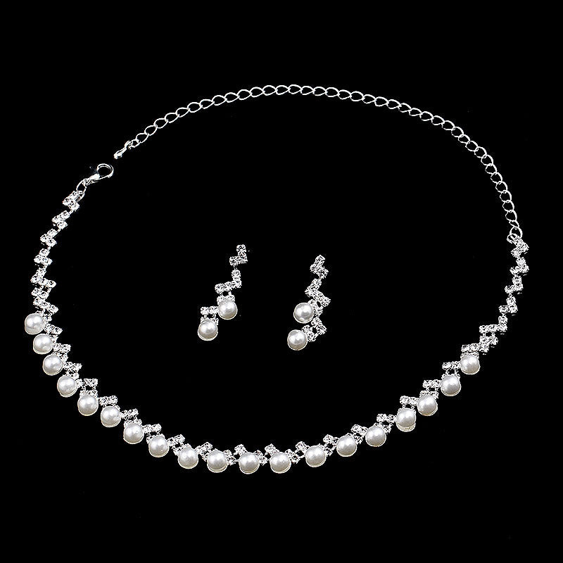 Elegant Lightning Rhinestone Pearl Necklace And Earrings Suite