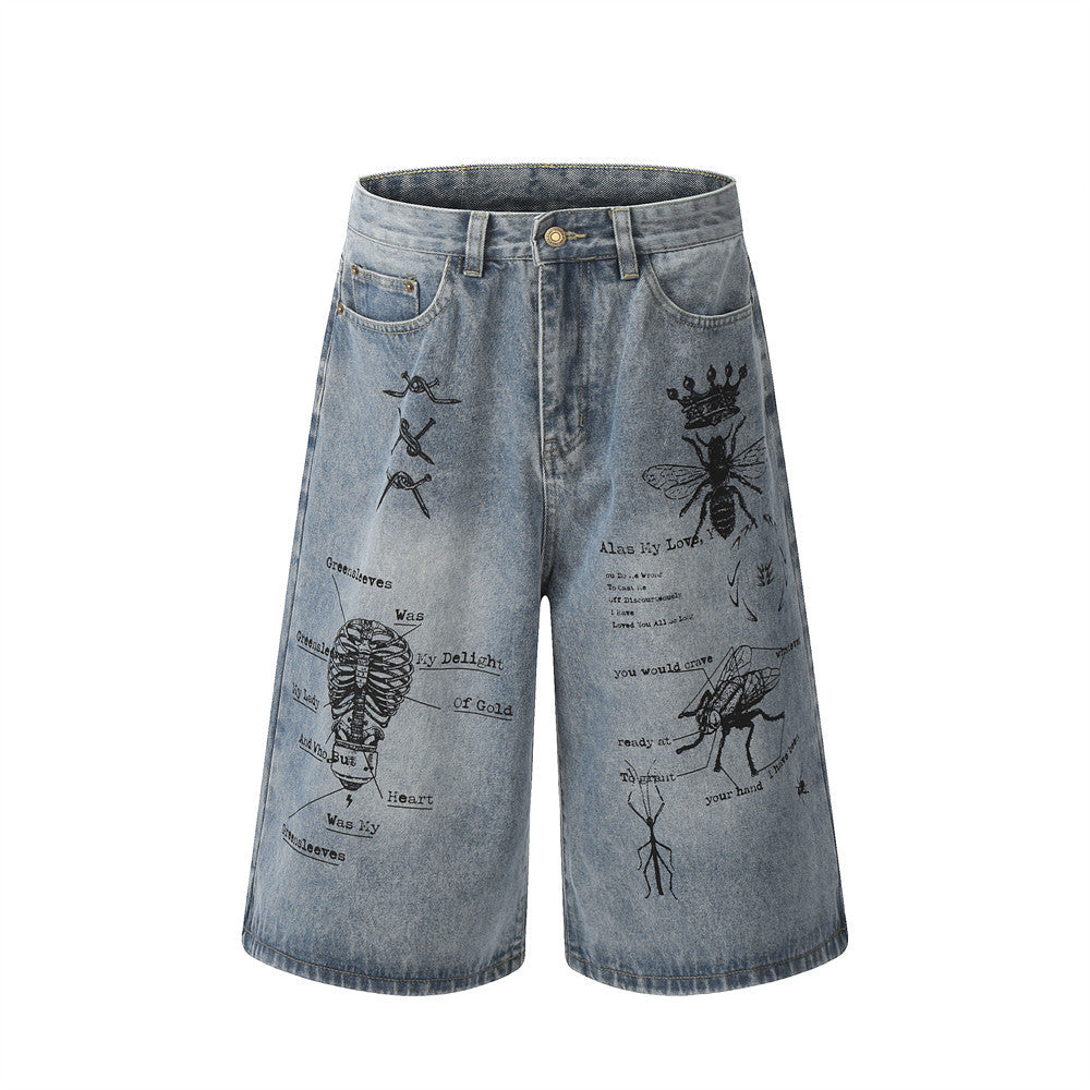 Graffiti Printing Jeans Middle Pants Men