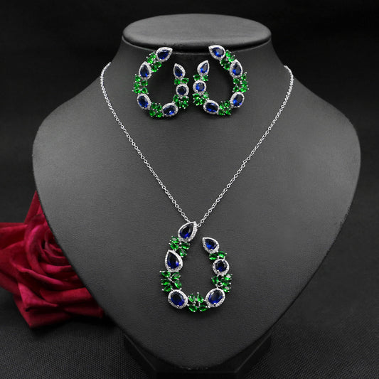 American Jewelry Luxury Necklace Set Diamond Zircon Emerald Earrings