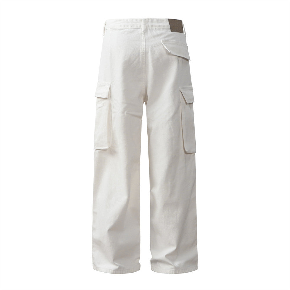 Men's Pleated Solid Color Loose Multi-pocket Workwear Trousers